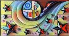 a colorful painting with a pm logo in the center