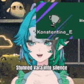 a picture of a girl with green hair and a trophy that says konstantina_e on it