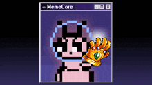 a pixel art of a person holding a glove that says memecore on the top