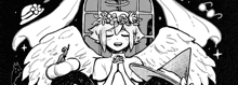 a black and white drawing of a girl with wings and a flower crown .