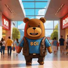 a brown teddy bear wearing a blue shirt that says boi
