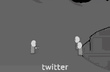 two cartoon characters are standing next to a train and the word twitter is on the bottom of the image