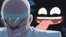 a bald man with a bandage on his head stands next to a cartoon character with a tongue sticking out