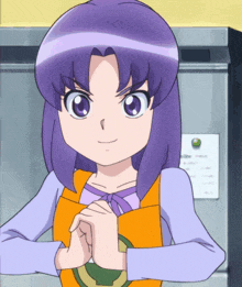 a girl with purple hair is wearing an apron and smiling