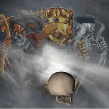 a drawing of three skulls with a crown on their heads