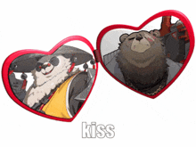 a pair of heart shaped sunglasses with a panda and a bear on them with the word kiss below them