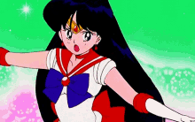 a girl with long black hair is wearing a sailor suit with a blue bow on the front .