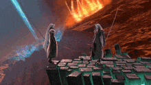 a computer generated image of two people standing on a ledge