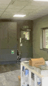 a green exit sign is above a door in a room
