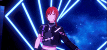 a cartoon character with red hair is standing in front of a neon light .