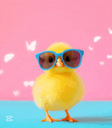 a yellow chick wearing blue sunglasses is on a pink and blue background with the words krepajosu above it