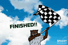 a cartoon of a cheetah holding a checkered flag with the words finished on the bottom