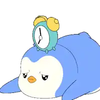 a cartoon penguin with an alarm clock on its head