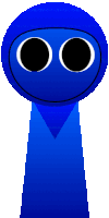 a blue cartoon character with two black eyes and a triangle on his neck