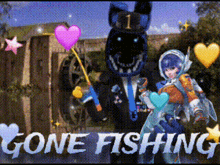 a picture of a cartoon character with the words gone fishing written on it