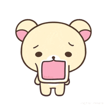 a cartoon bear with its mouth open and a pink square in its mouth