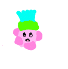 a drawing of kirby with a green and blue hat