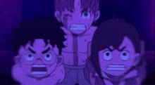 a group of cartoon characters are standing next to each other in a dark room and making angry faces .