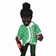 a man in a green jacket holds a bottle of campari