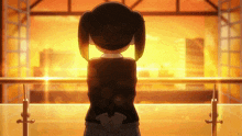 a girl is standing on a balcony looking out at the sun
