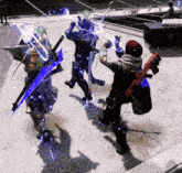 a screenshot of a video game shows three people holding swords and one of them is named freshly