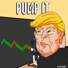 a cartoon of donald trump holding a hammer in front of a stock chart