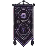 a purple banner with a skull and crossbones on it