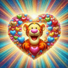 tigger from winnie the pooh is surrounded by colorful hearts in the shape of a heart