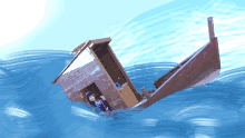 a wooden boat is floating in the ocean with a girl in it