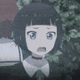 a girl with a choker around her neck looks surprised with her mouth open