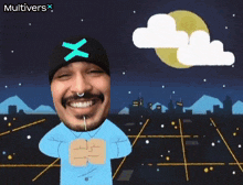 a cartoon of a man with a x on his hat and a blue shirt