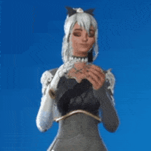 a woman with white hair and a ponytail is standing in front of a blue background in a video game .