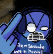a cartoon character is giving the middle finger and saying get in now .