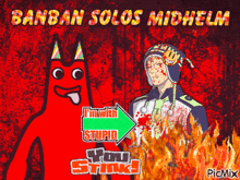 a cartoon drawing of a red monster and a man with blood on his face with the words banban solos midhelm above them