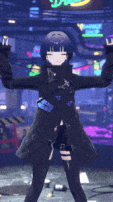a girl in a black coat is dancing in front of a sign that says bakery shop