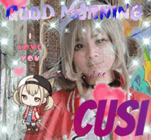 a picture of a girl with the words " good morning cusi "
