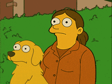 a cartoon of a woman standing next to a dog with big eyes