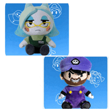 two stuffed animals one of which is a man in a purple outfit