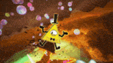 bill cipher from gravity falls is surrounded by colorful bubbles