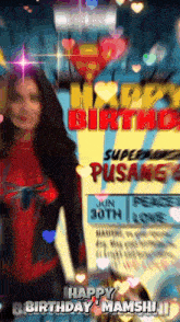 a woman in a spiderman costume says happy birthday