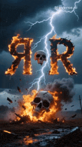 a skull is surrounded by flames and lightning with the letter r written in flames