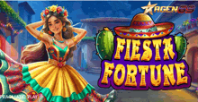an advertisement for fiesta fortune shows a woman in a mexican dress and sombrero