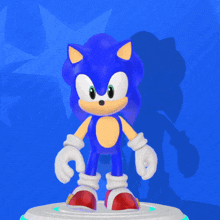 a blue sonic the hedgehog standing on a white platform