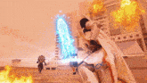 a man in a white cape is holding a sword in front of a building