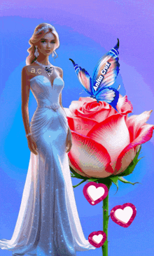 a woman in a white dress is standing next to a rose with a butterfly on it