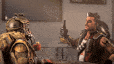 a man holding a bottle of beer talks to another man in a video game
