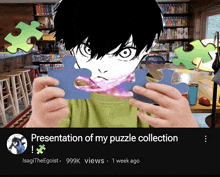 a person is holding a puzzle piece in front of a picture of a man