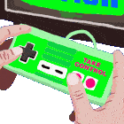a hand is holding a green video game controller that says take control on it