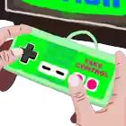 a hand is holding a green video game controller that says take control on it