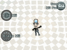 a screenshot of a video game that says send to mii parade and edit mii and erase mii